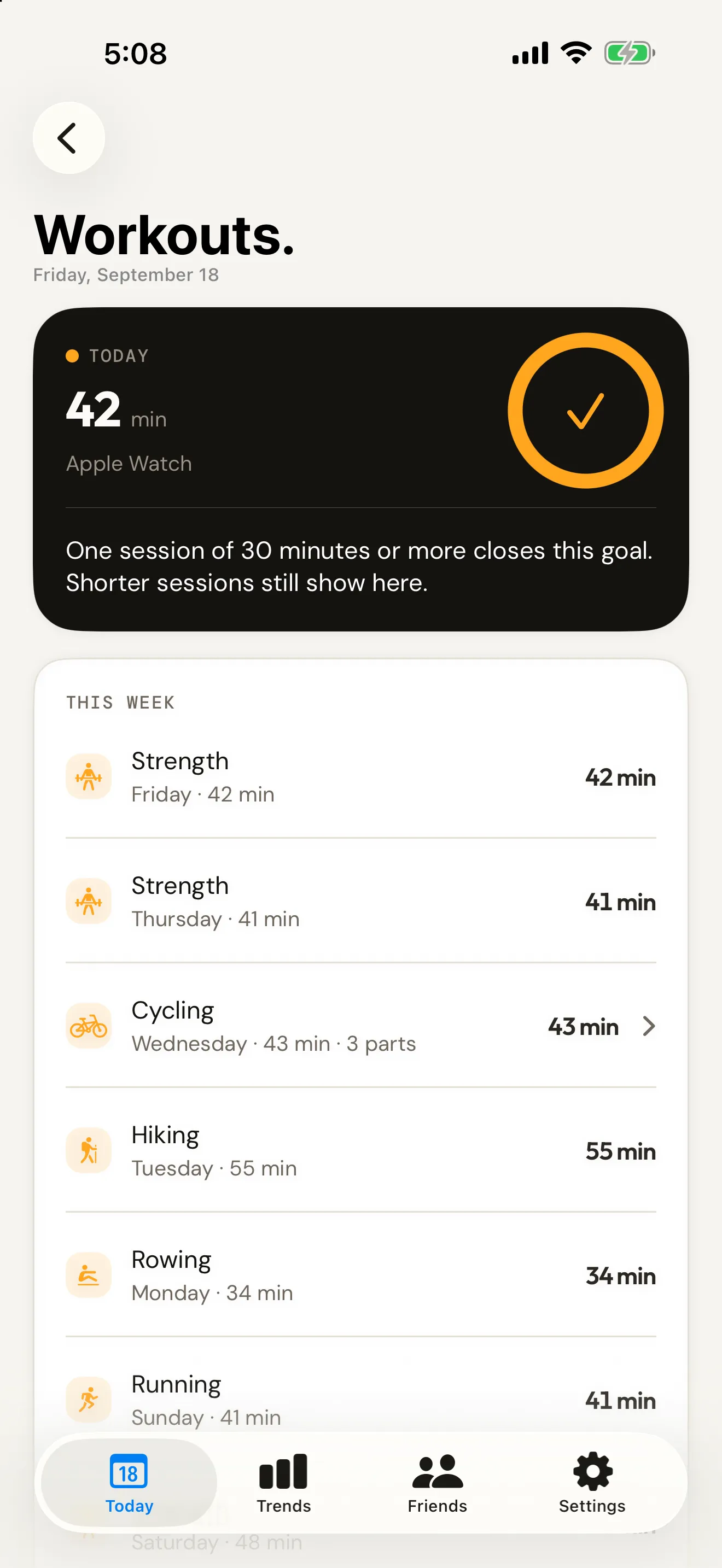 Tempo Workouts screen